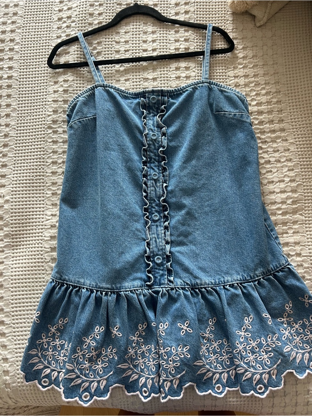 Embroidered Light Blue Denim Ruffle-Trim Camisole Dress